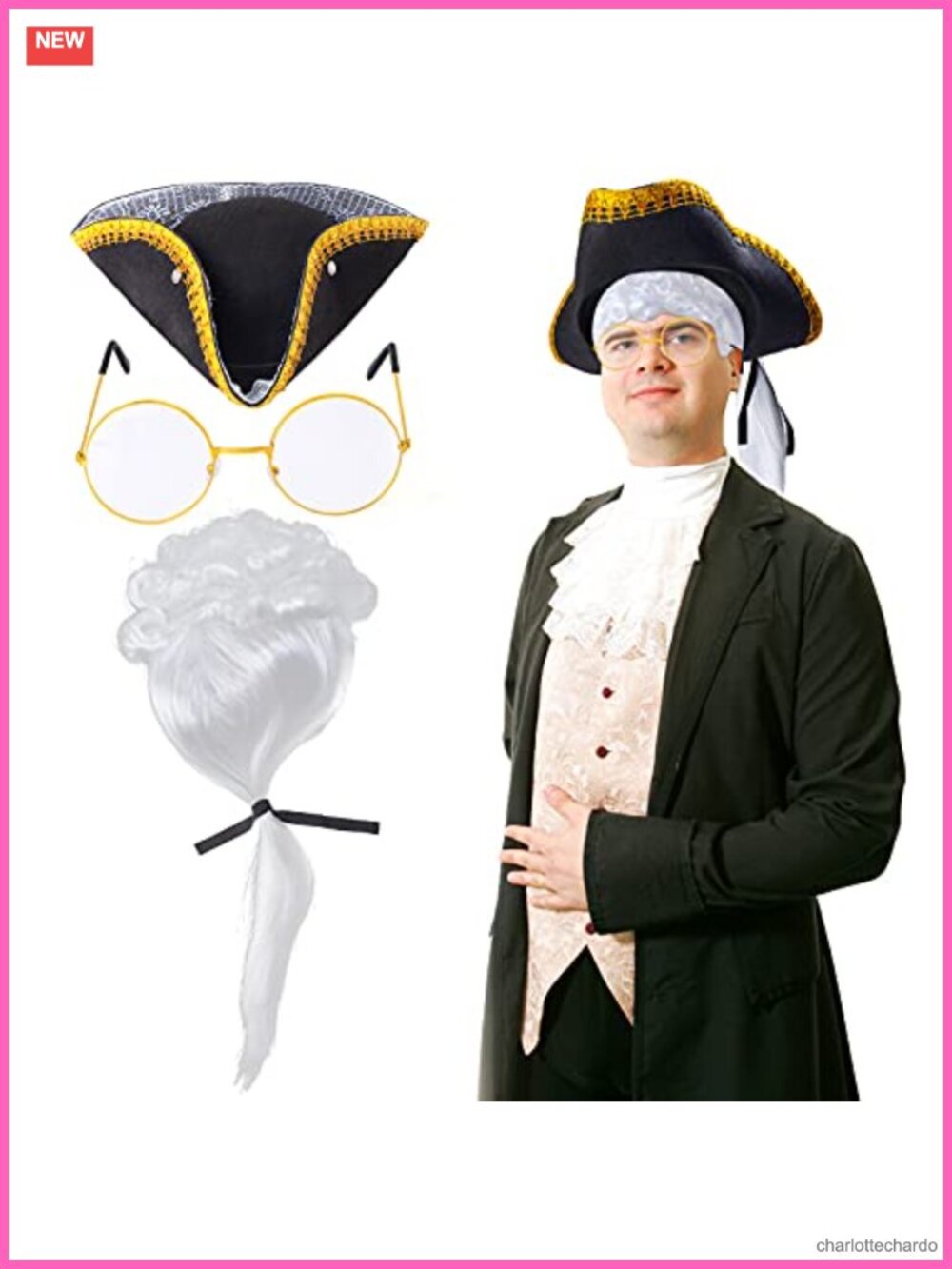 Colonial Tricorn Hat Historical Costume Wig Eyeglasses Set